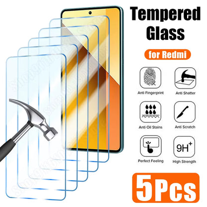 5PCS Tempered Glass for Redmi Note 13 12 11 10 14 9 8 7 Pro plus 5G 12S 11S 10S 9S Protective Glass for Redmi 12C 10C 14C 9T 13