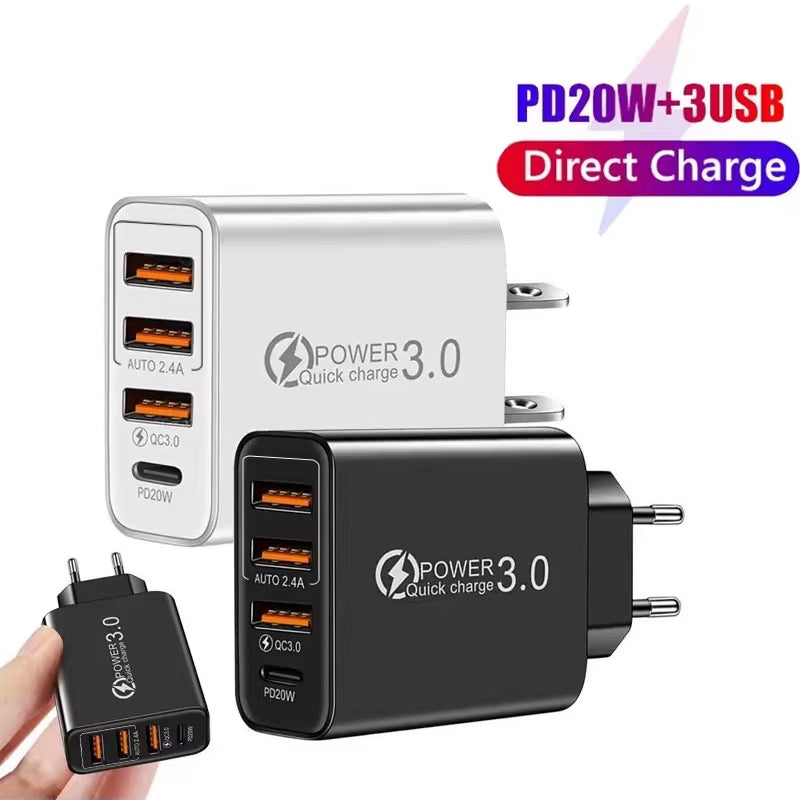 48W USB Charger QC 3.0 Type C PD Fast Charge for Iphone 12 13 Max Samsung S21 Huawei Xiaomi Mobile Phone EU/US Plug Wall Charger