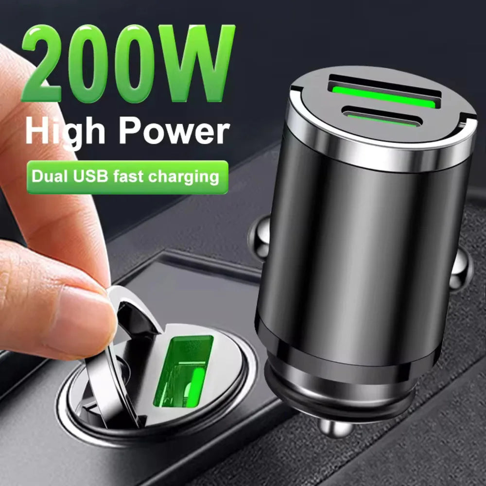 200W Mini Car Charger Fast Charging for Iphone QC3.0 Mini PD USB Type C Car Mobile Phone Charger for Xiaomi Samsung Huawei